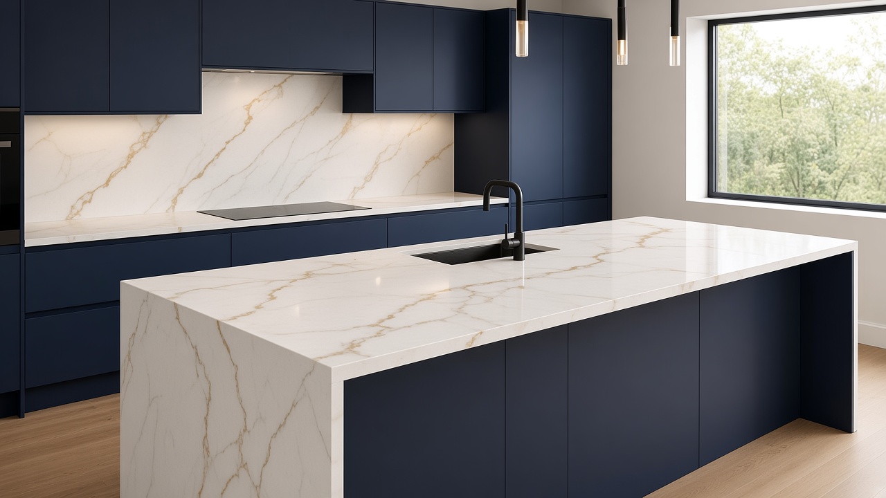 Minerva Calcutta Gold solid surface kitchen worktop with gold marble veining