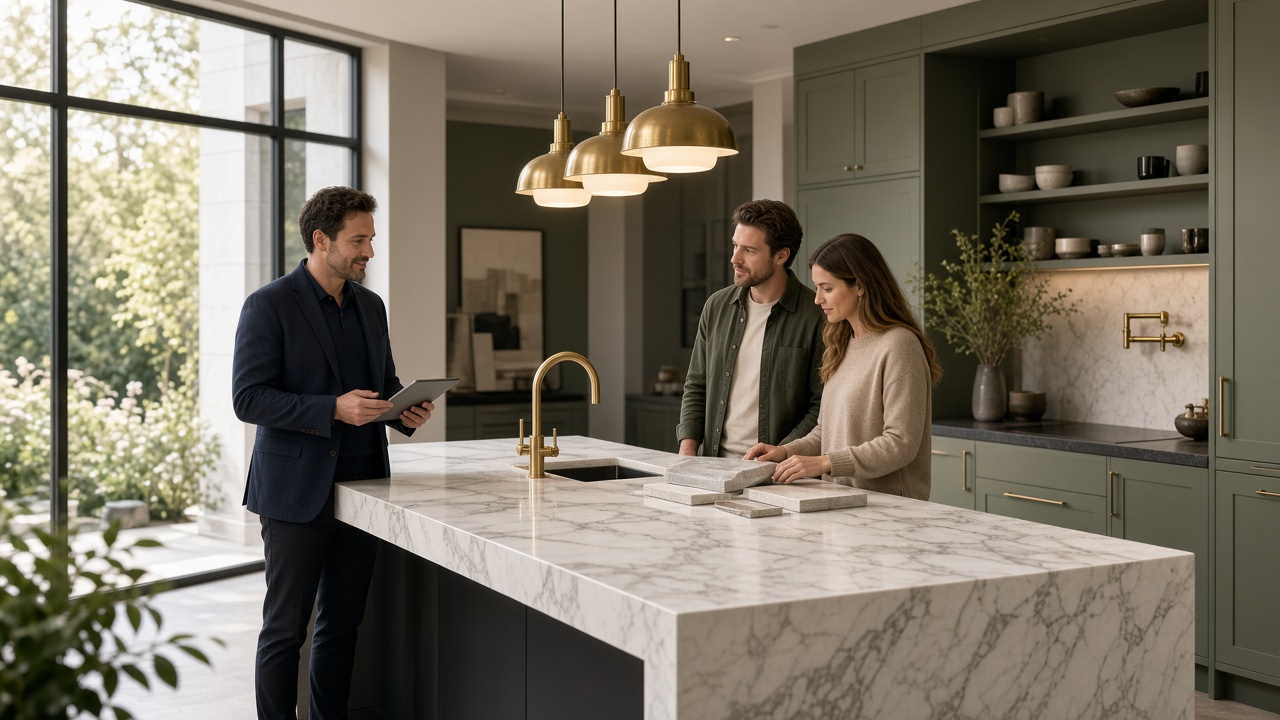 A Go Worktops specialist discussing a kitchen project in confidence