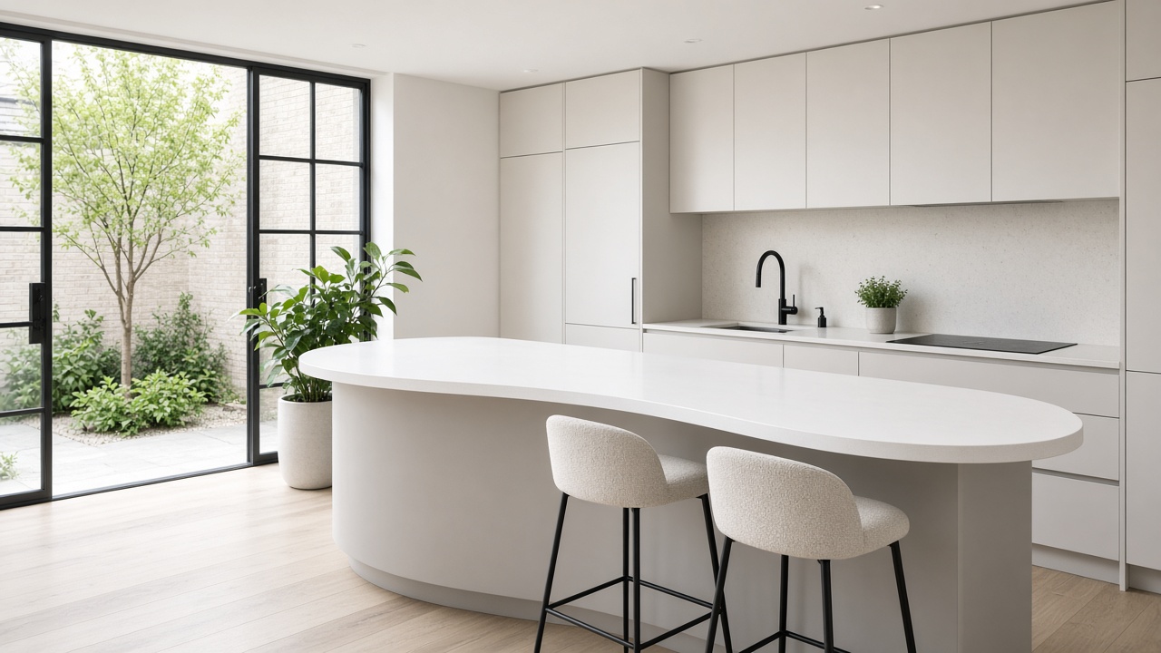 Thin white thermoformed breakfast bar with stools in a bright handleless courtyard kitchen