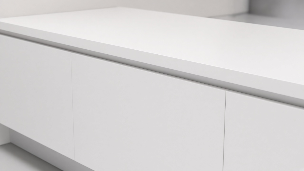 Hairline colour-matched perimeter joint on a thin white worktop beside courtyard glass
