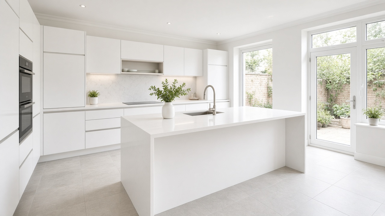 Newly fitted white handleless kitchen with a courtyard window and clean worktop joints