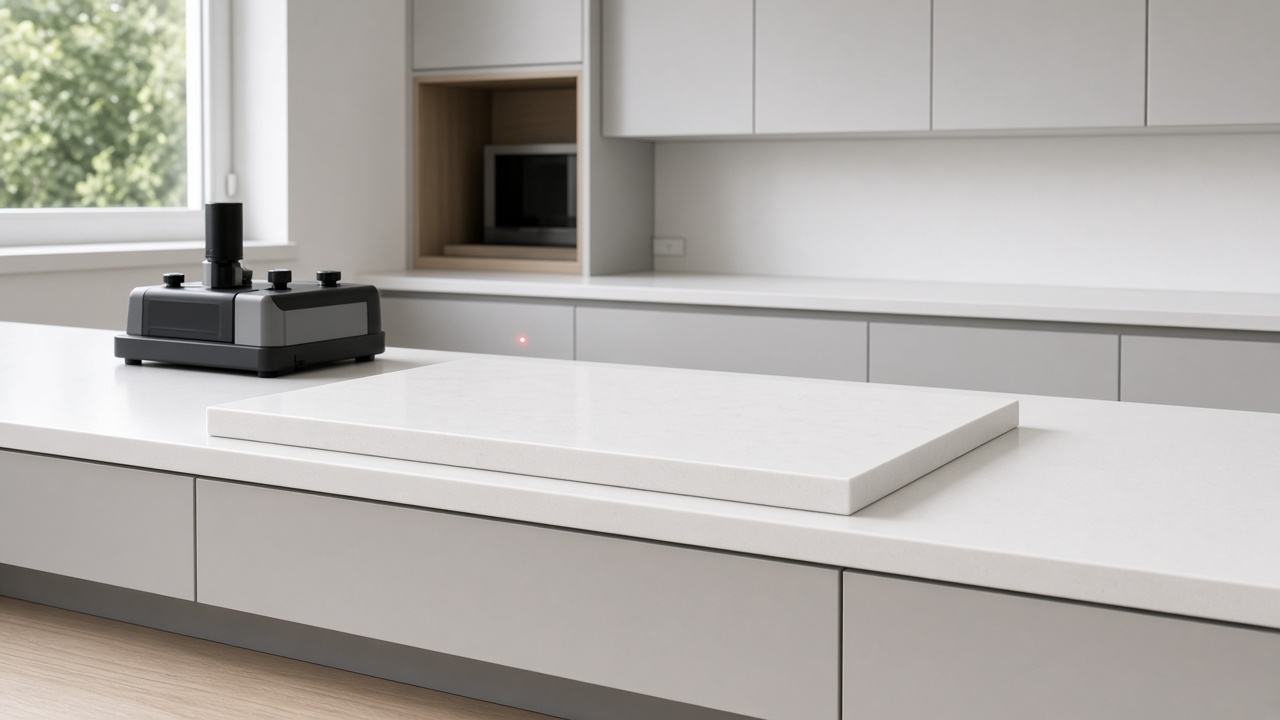 Cool white worktop sample on a courtyard sill beside a dimensioned template drawing