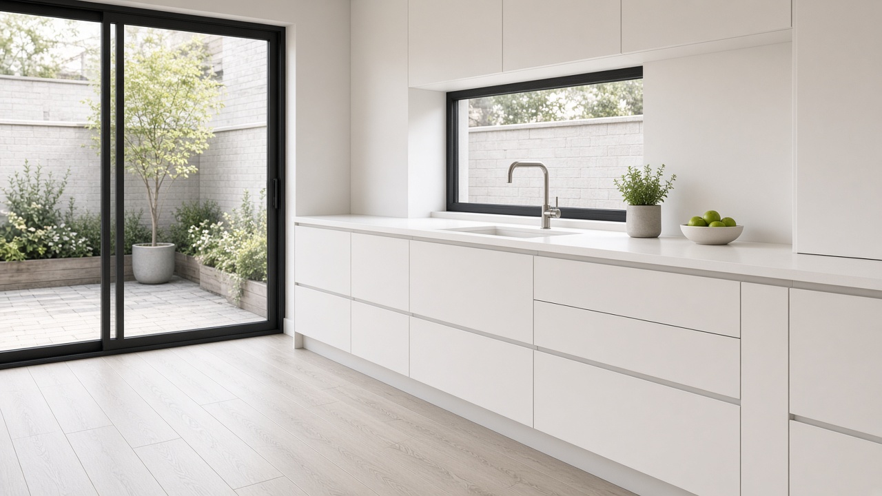 Twelve-millimetre white solid-surface deck on handleless cabinets in a bright courtyard kitchen