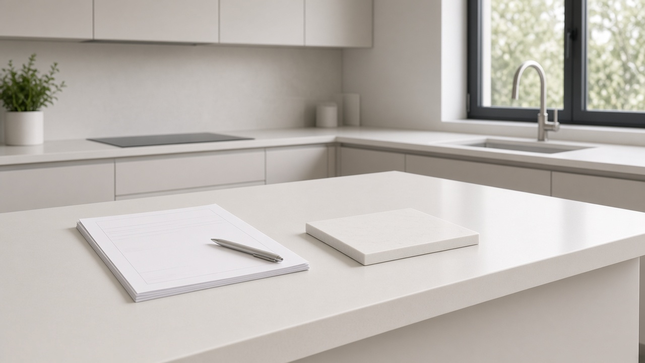 Itemised worktop quote beside a cool white sample board on a bright kitchen table